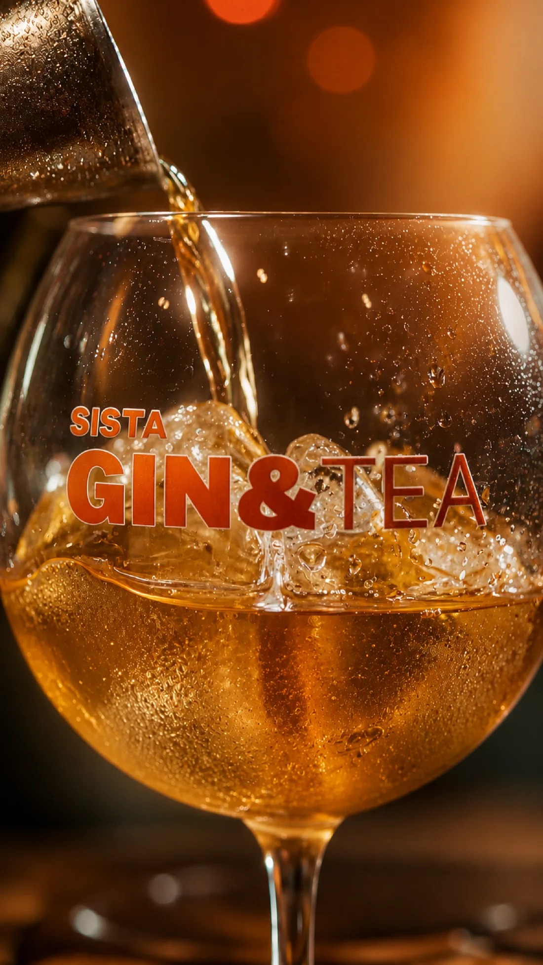 Gin and tea poured over ice into a Sista branded glass